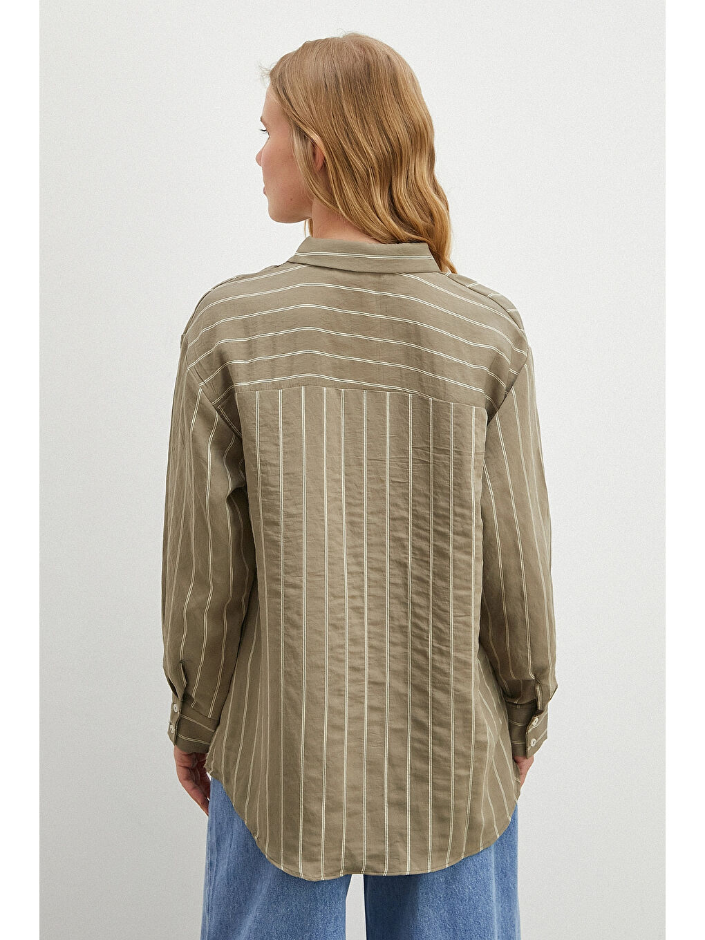 Çizgili Cepli Modal Gömlek Haki-5