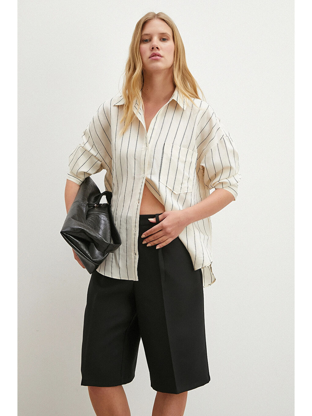 Kontrast Çizgili Gömlek Siyah-2