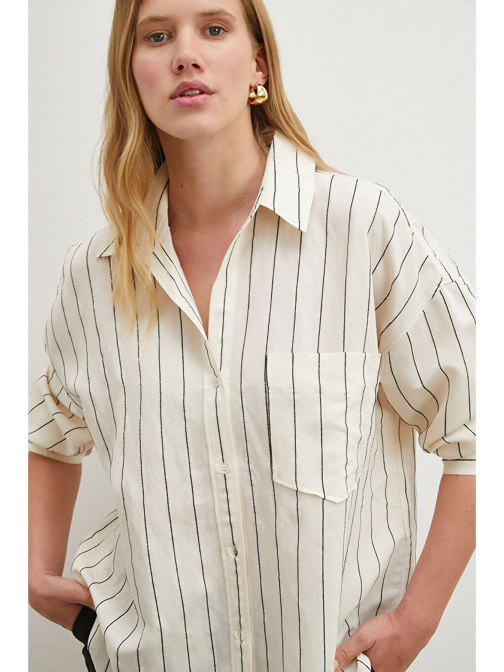 Kontrast Çizgili Gömlek Siyah-3