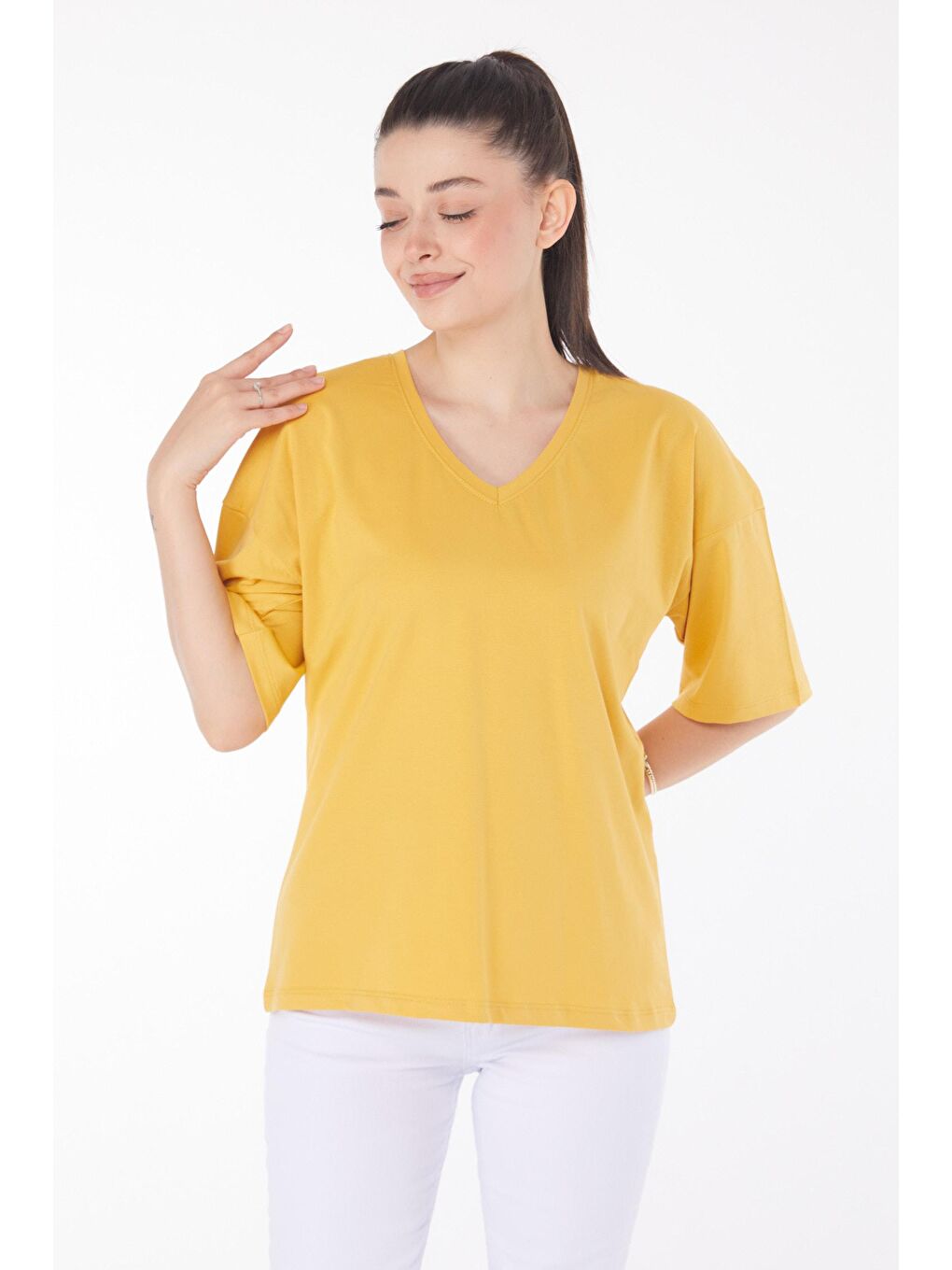 TOFİSA Sarı Düz Orta Kadın Sarı T-Shirt - 25848