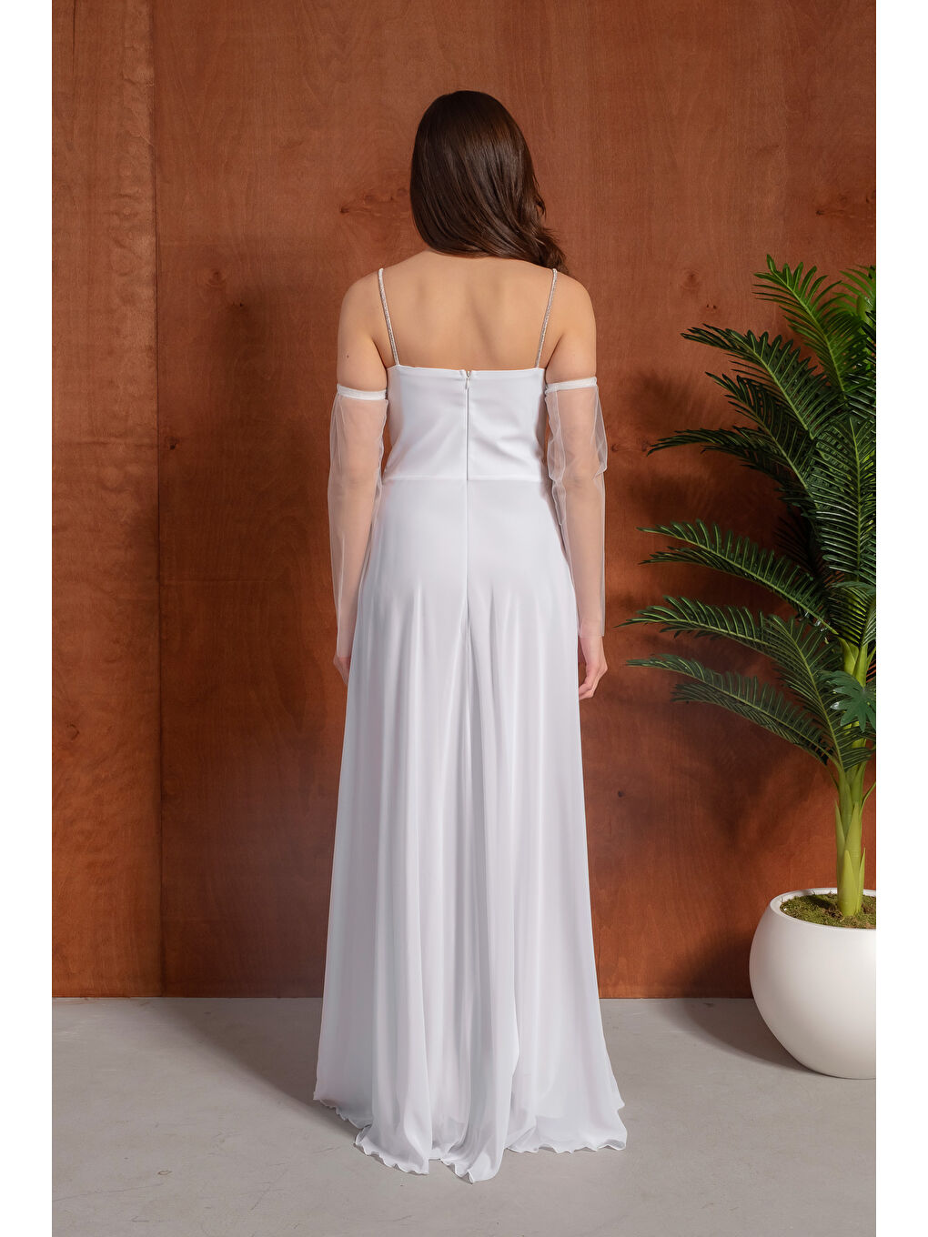 Kadın Beyaz Taşlı Şifon Uzun Abiye Elbise-5