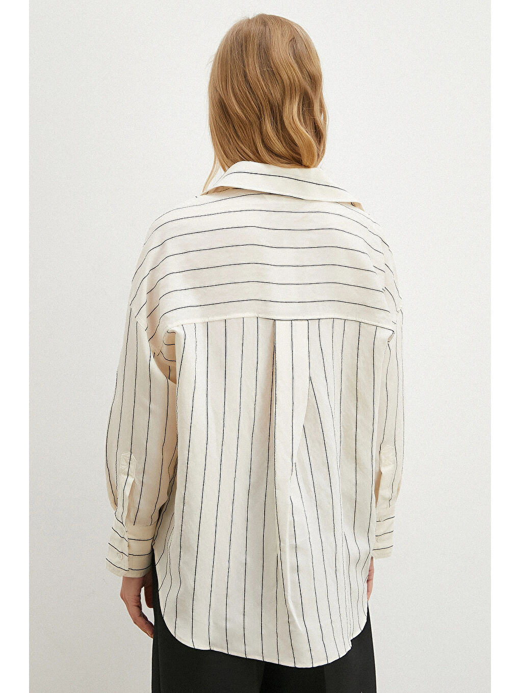 Kontrast Çizgili Gömlek Siyah-5