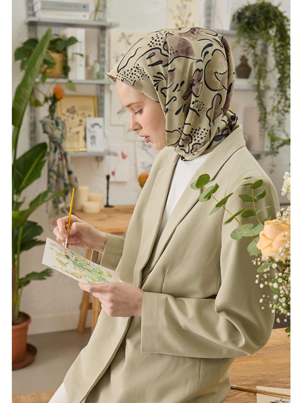 Arıa Desen Pamuk İpek Eşarp Uçuk Yeşil