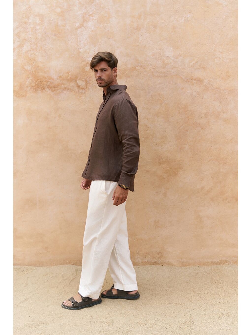 Fyfaha Bol Paça Erkek Ekru Keten Pantolon-1