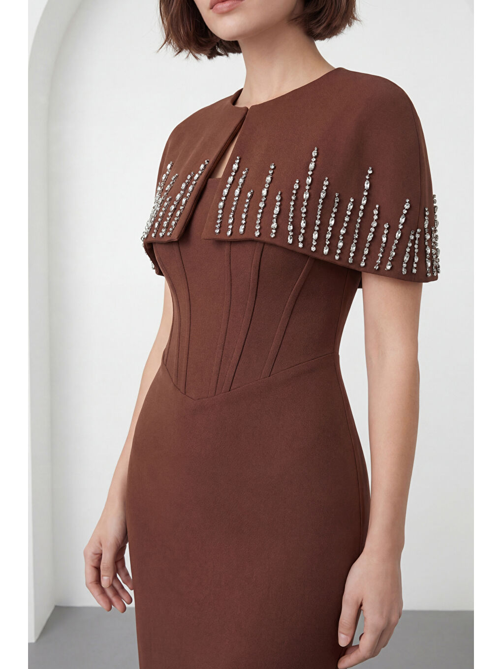 Kadın Kahverengi Dar Kalıp Ceketli Taşlı Uzun Söz Nişan Nikah Abiye ELbise-2
