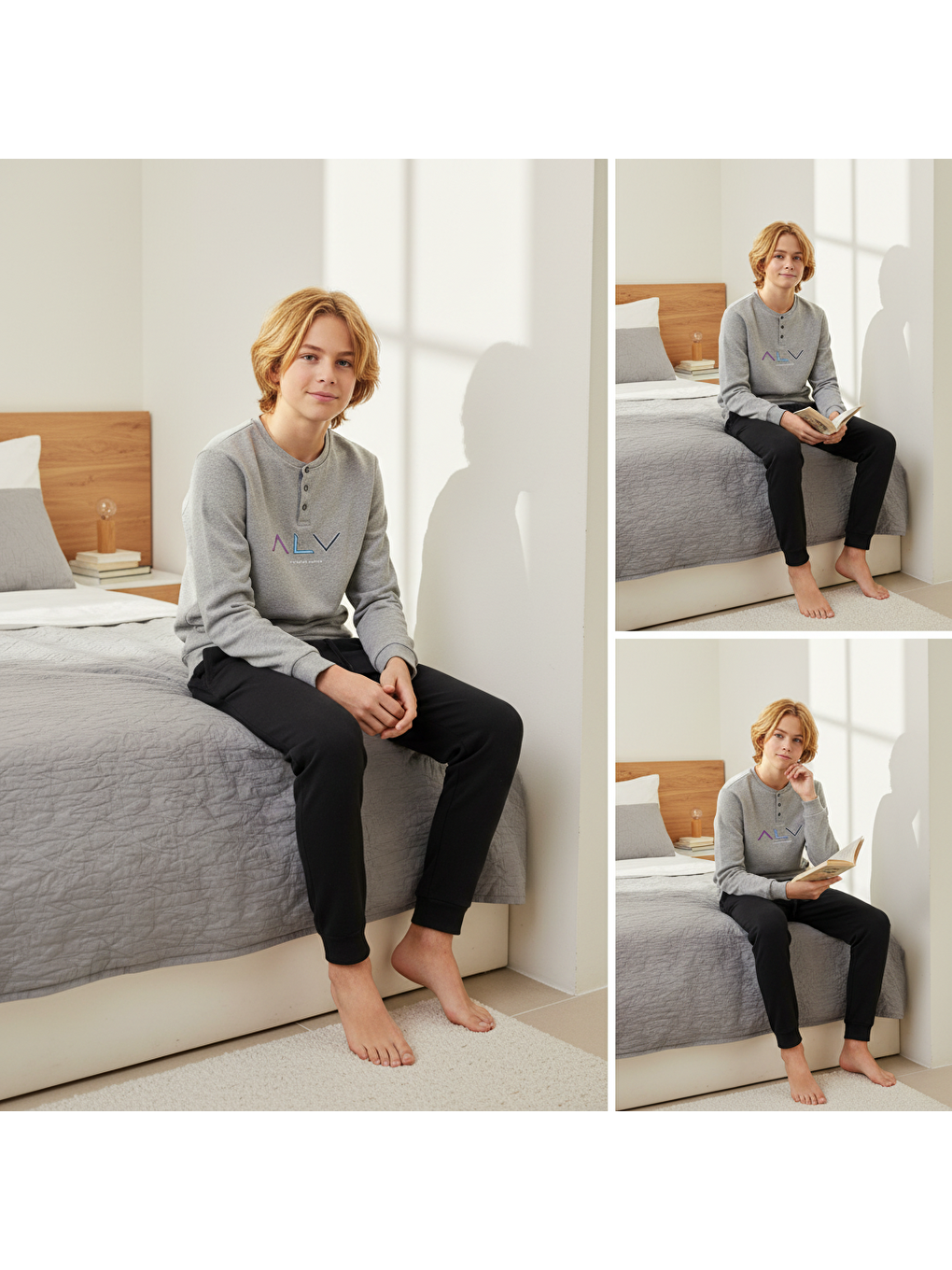 Genç Erkek Pamuklu Gri Melanj Renk Pijama Takımı Al009 V1 Bb2440