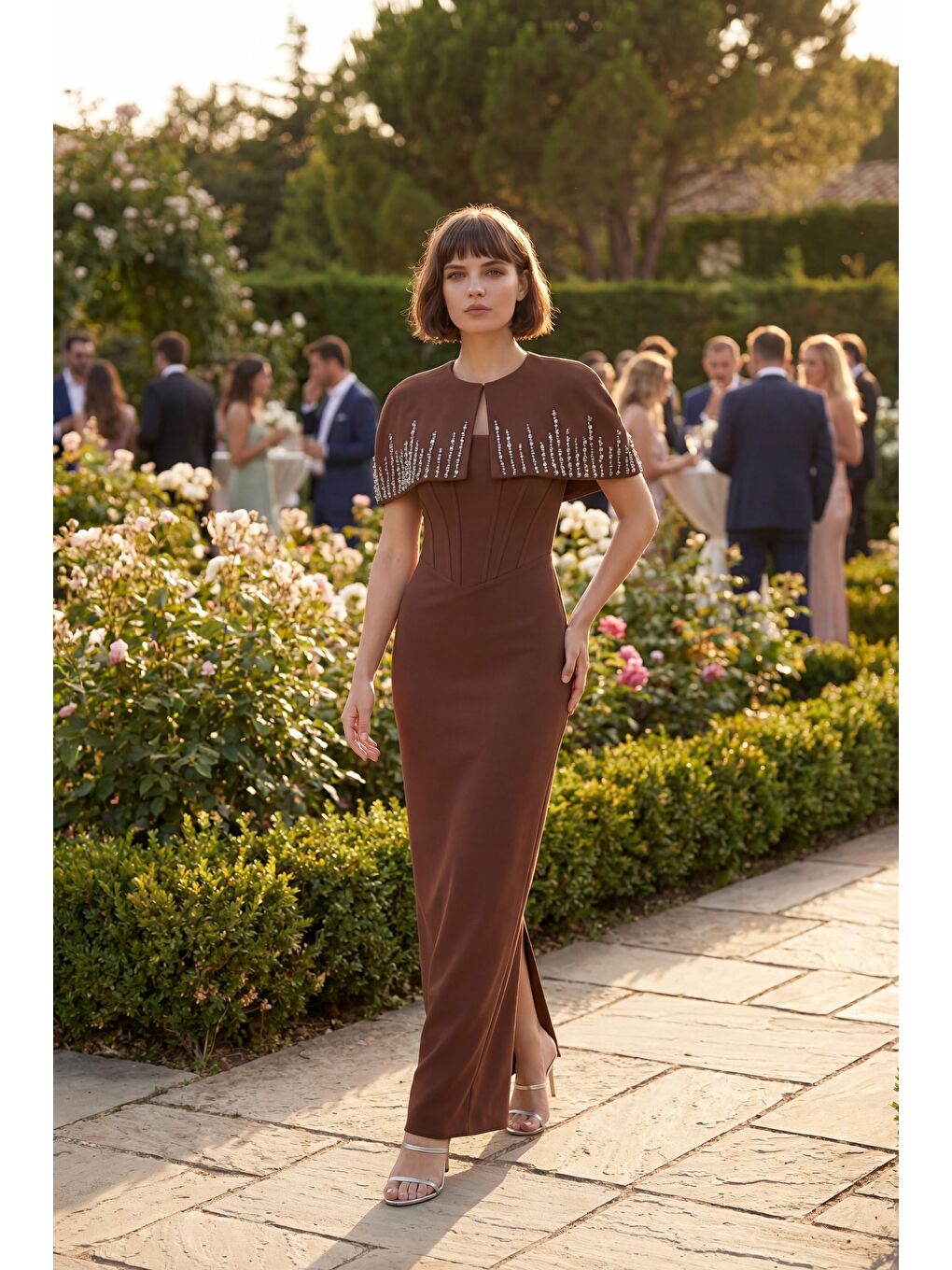 Kadın Kahverengi Dar Kalıp Ceketli Taşlı Uzun Söz Nişan Nikah Abiye ELbise-4