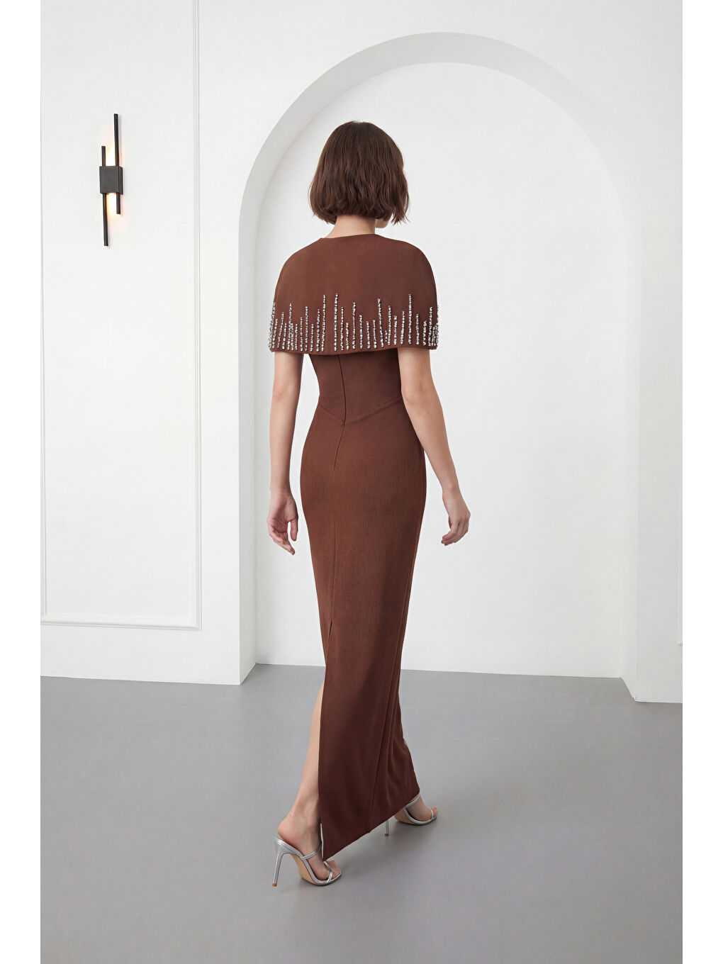 Kadın Kahverengi Dar Kalıp Ceketli Taşlı Uzun Söz Nişan Nikah Abiye ELbise-5