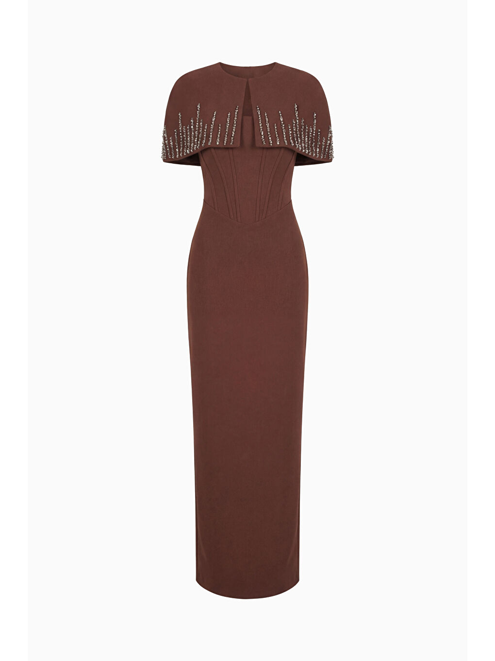 Kadın Kahverengi Dar Kalıp Ceketli Taşlı Uzun Söz Nişan Nikah Abiye ELbise-6