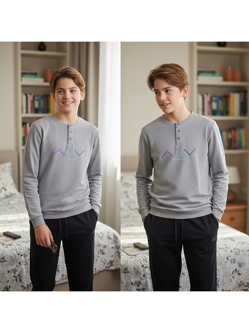 Genç Erkek Pamuklu Gri Melanj Renk Pijama Takımı Al009 V1 Bb2440-1