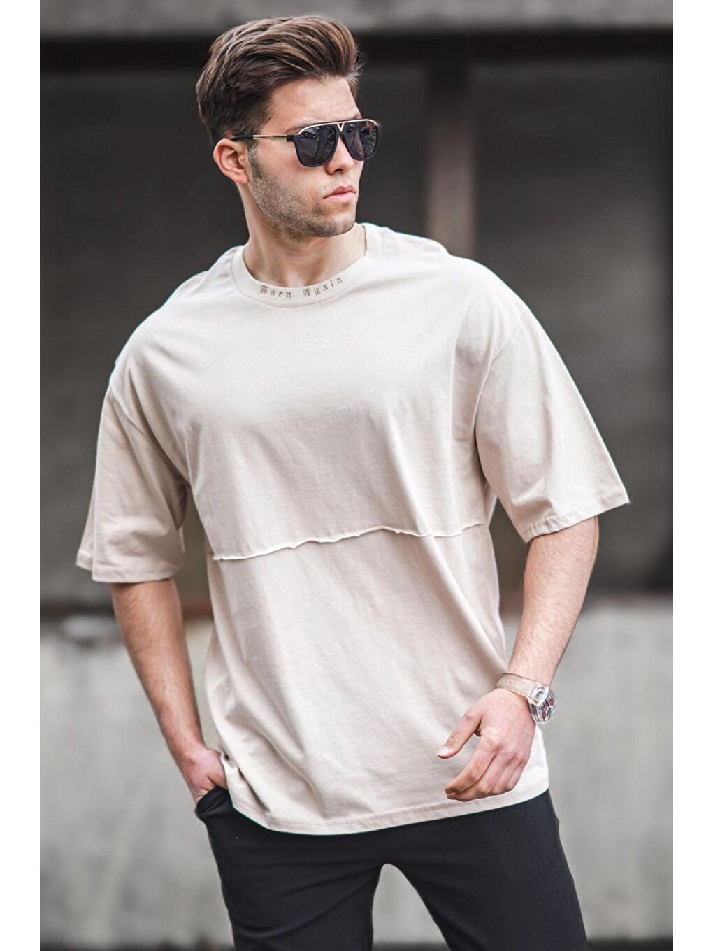 Bej Oversize Erkek Baskılı Tişört 5250