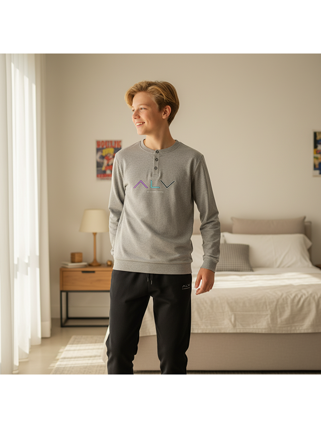 Genç Erkek Pamuklu Gri Melanj Renk Pijama Takımı Al009 V1 Bb2440-2