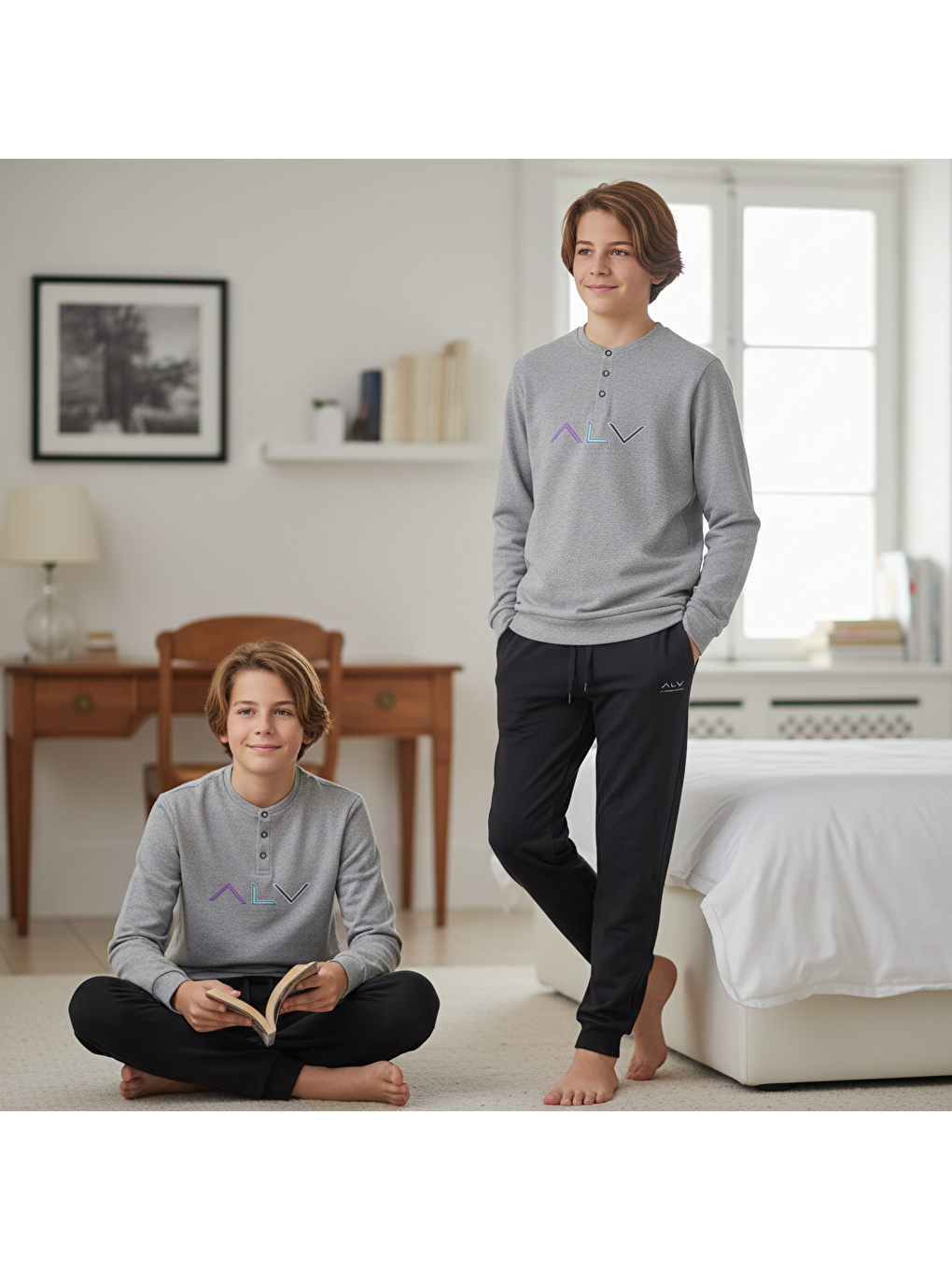 Genç Erkek Pamuklu Gri Melanj Renk Pijama Takımı Al009 V1 Bb2440-3