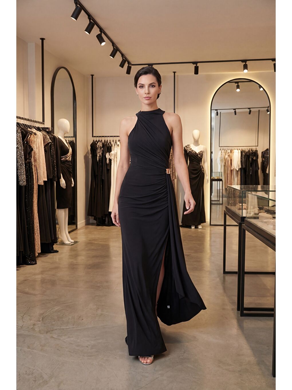 Kadın Siyah Halter Yaka Aksesuar Detay Uzun Abiye Elbise-4