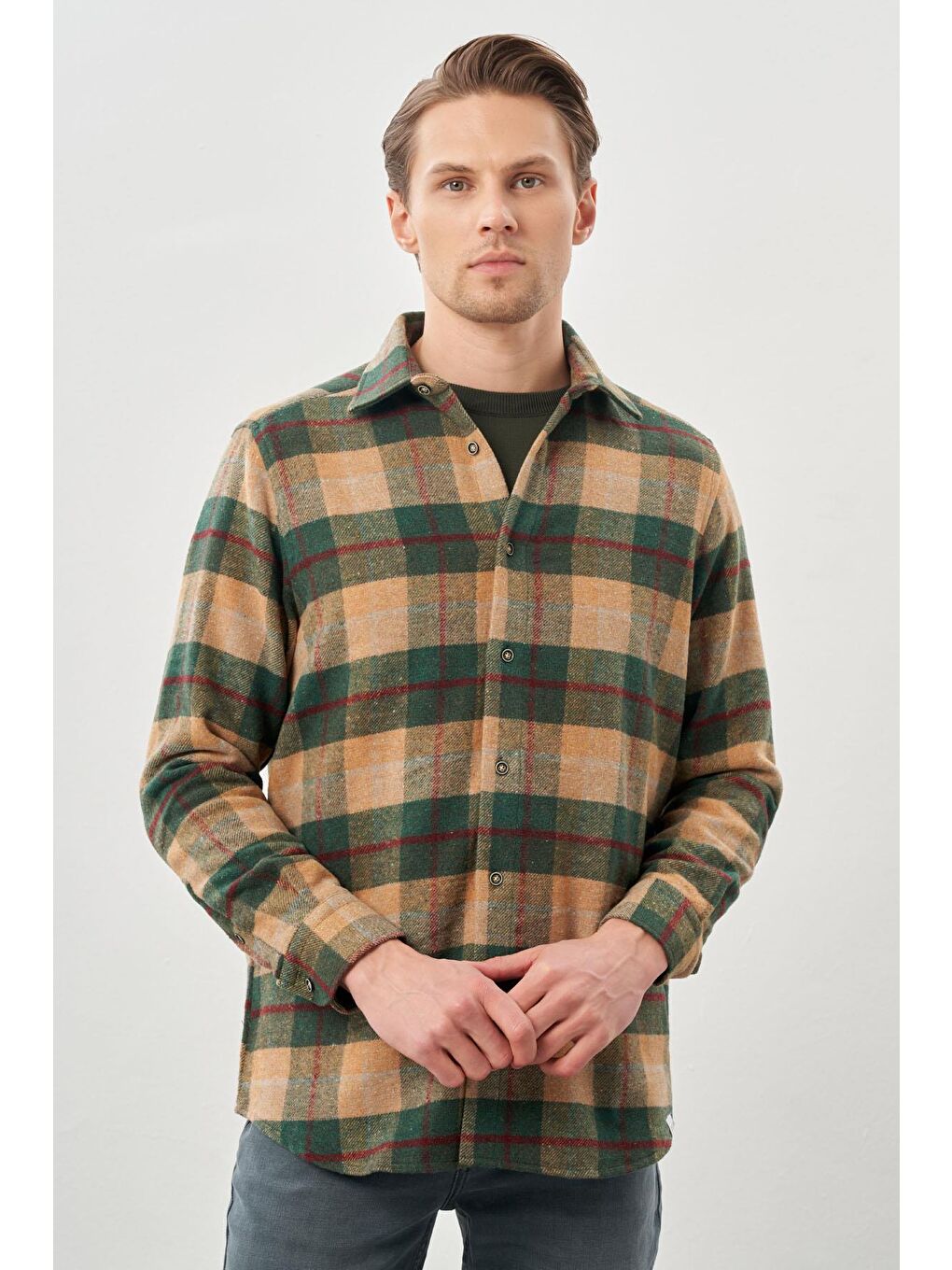 Kahverengi Camel Yünlü Ekose Desen Yumuşak Yaka Cepsiz Uzun Kol Casual Comfort Fit Gömlek 1004245227