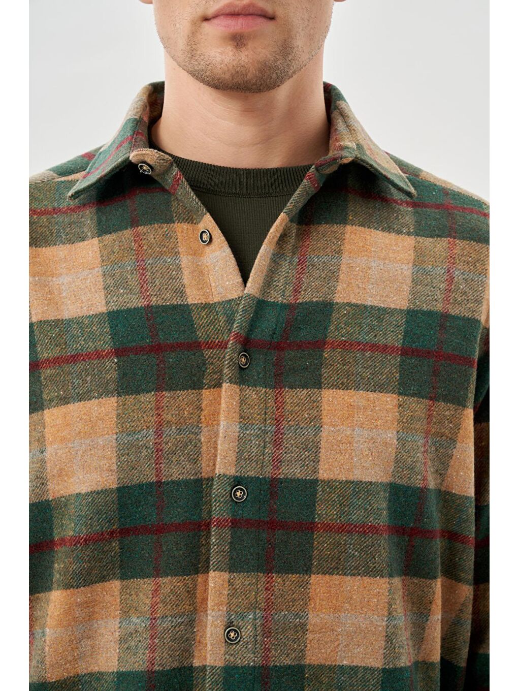 Kahverengi Camel Yünlü Ekose Desen Yumuşak Yaka Cepsiz Uzun Kol Casual Comfort Fit Gömlek 1004245227-3