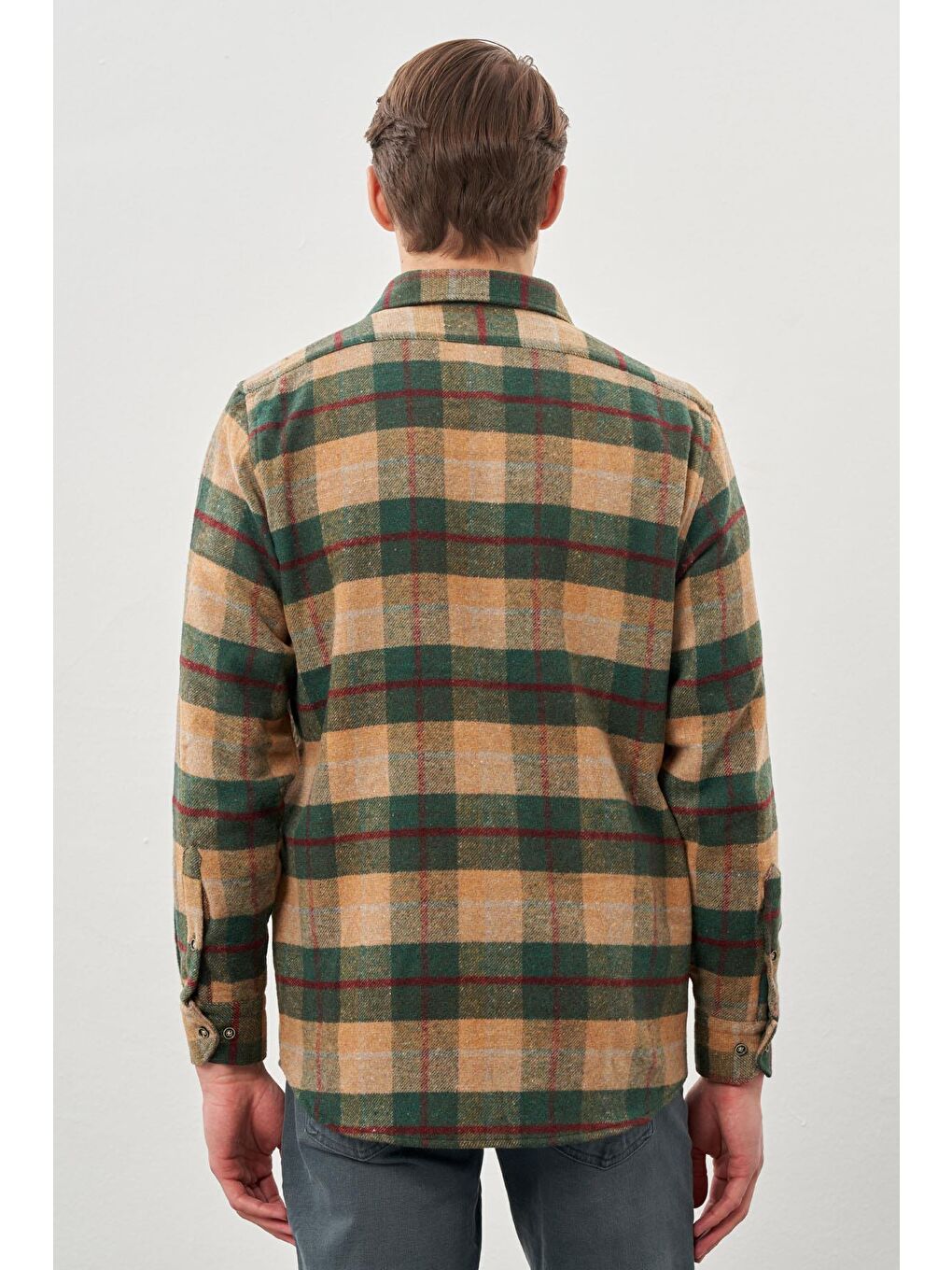 Kahverengi Camel Yünlü Ekose Desen Yumuşak Yaka Cepsiz Uzun Kol Casual Comfort Fit Gömlek 1004245227-4