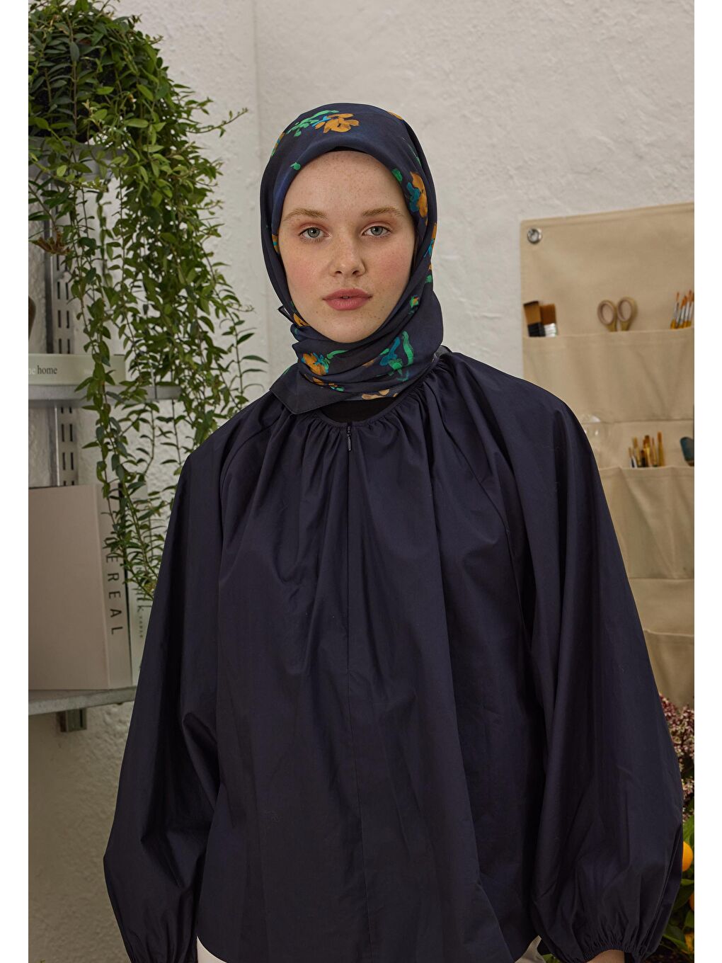 Ezra Desen Pamuk İpek Eşarp Lacivert-2