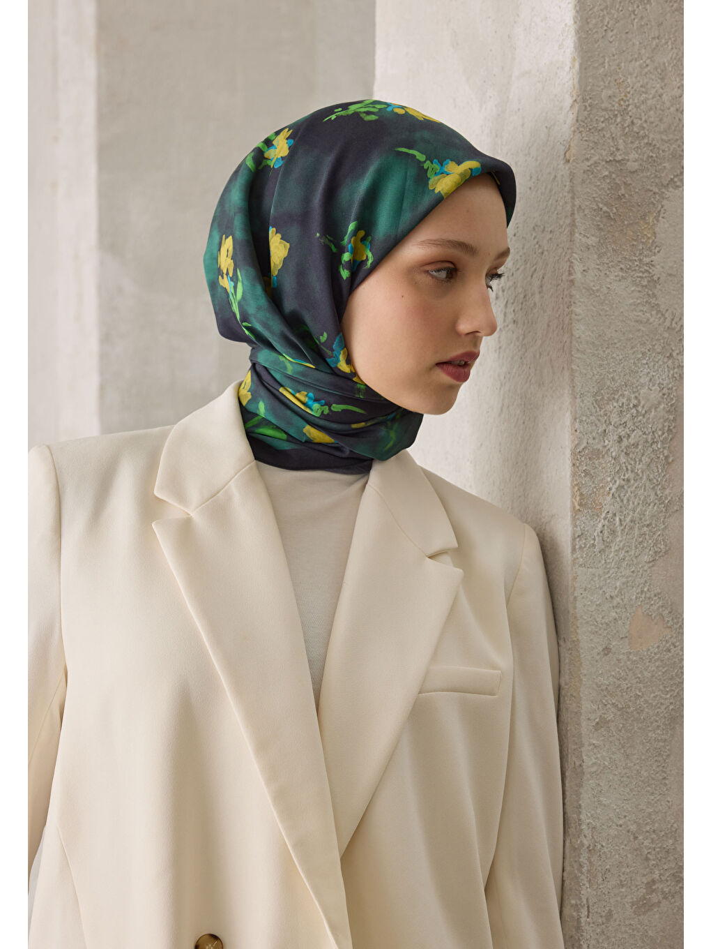 Bej Ezra Desen Pamuk İpek Eşarp Zümrüt-1