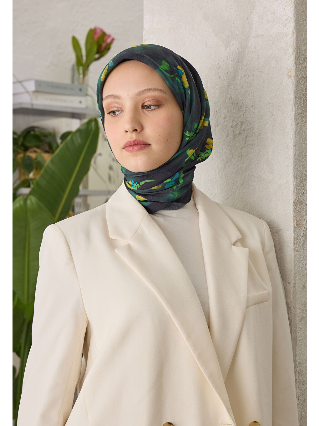 Bej Ezra Desen Pamuk İpek Eşarp Zümrüt-2