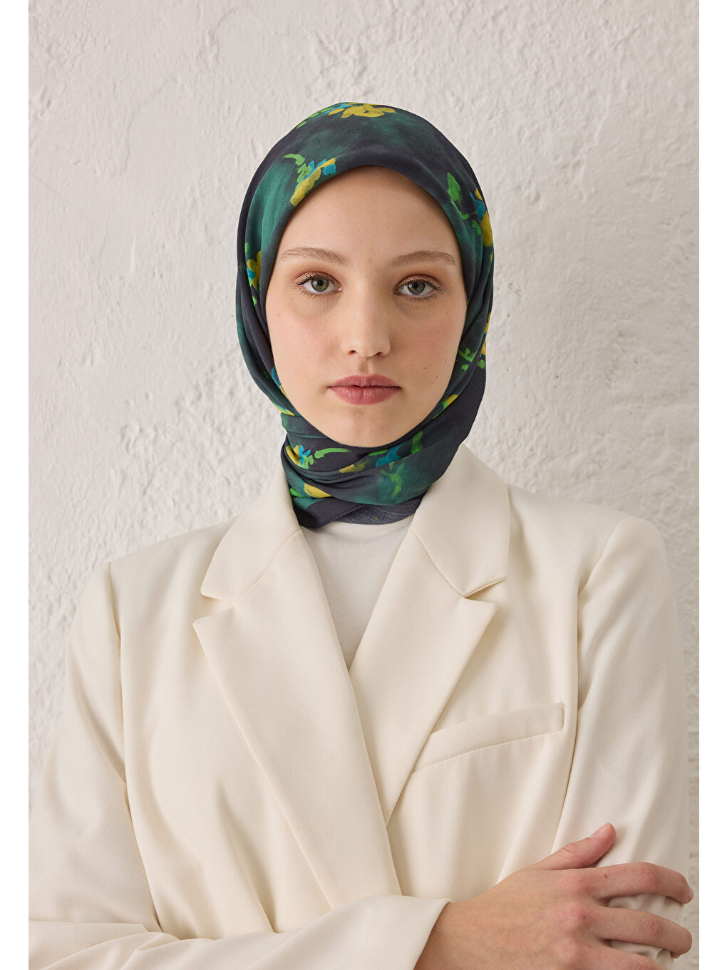 Bej Ezra Desen Pamuk İpek Eşarp Zümrüt-3