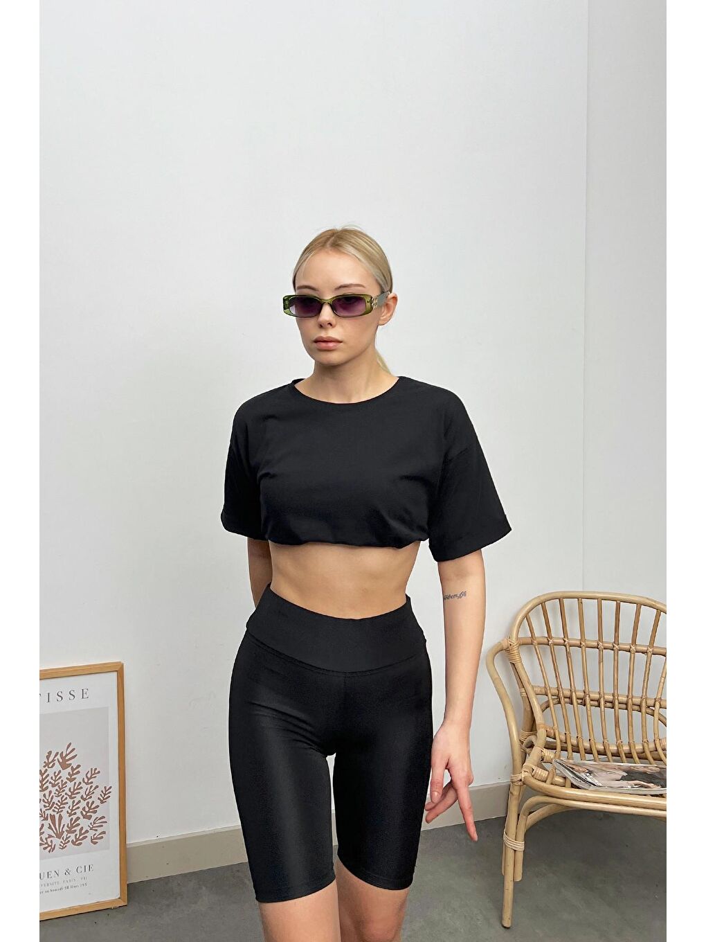 Siyah Toparlayıcı Etkili Yüksek Bel Biker Tayt