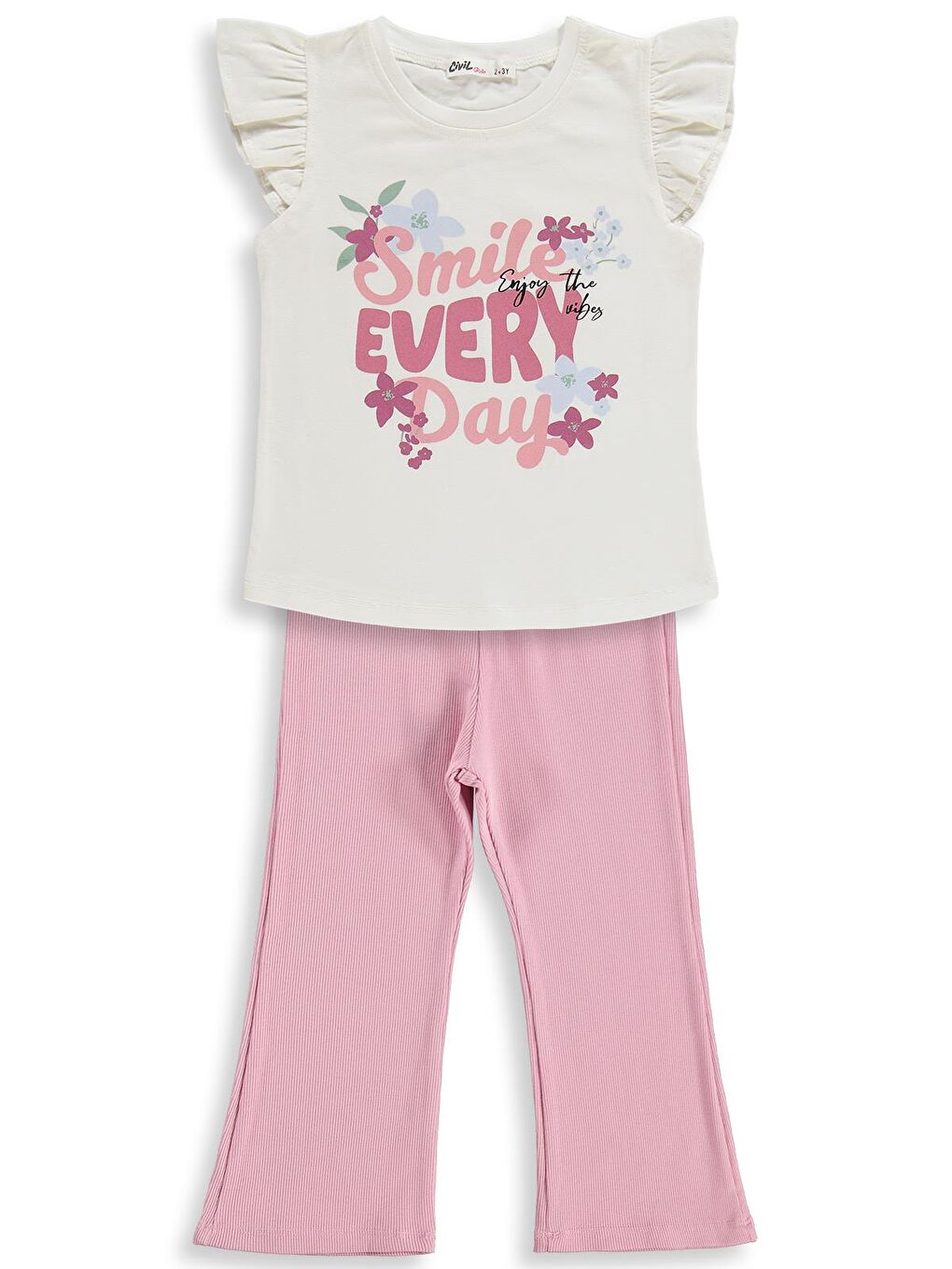Girls Smile Baskılı 2-5 Yaş Takım - Kırık Beyaz-Koyu Pembe