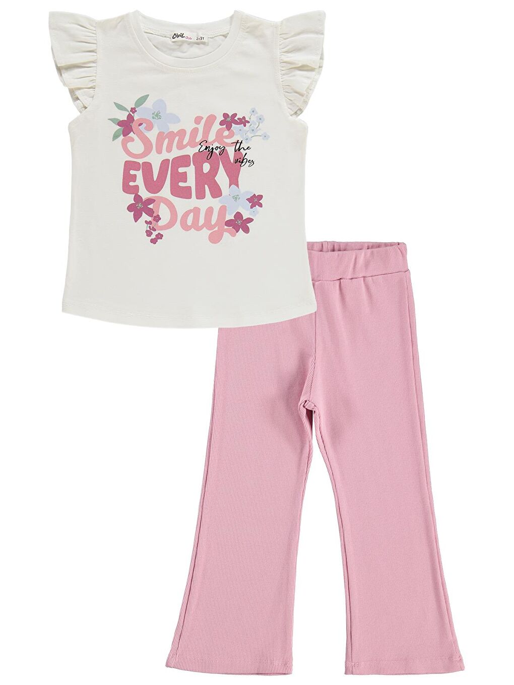 Girls Smile Baskılı 2-5 Yaş Takım - Kırık Beyaz-Koyu Pembe-1