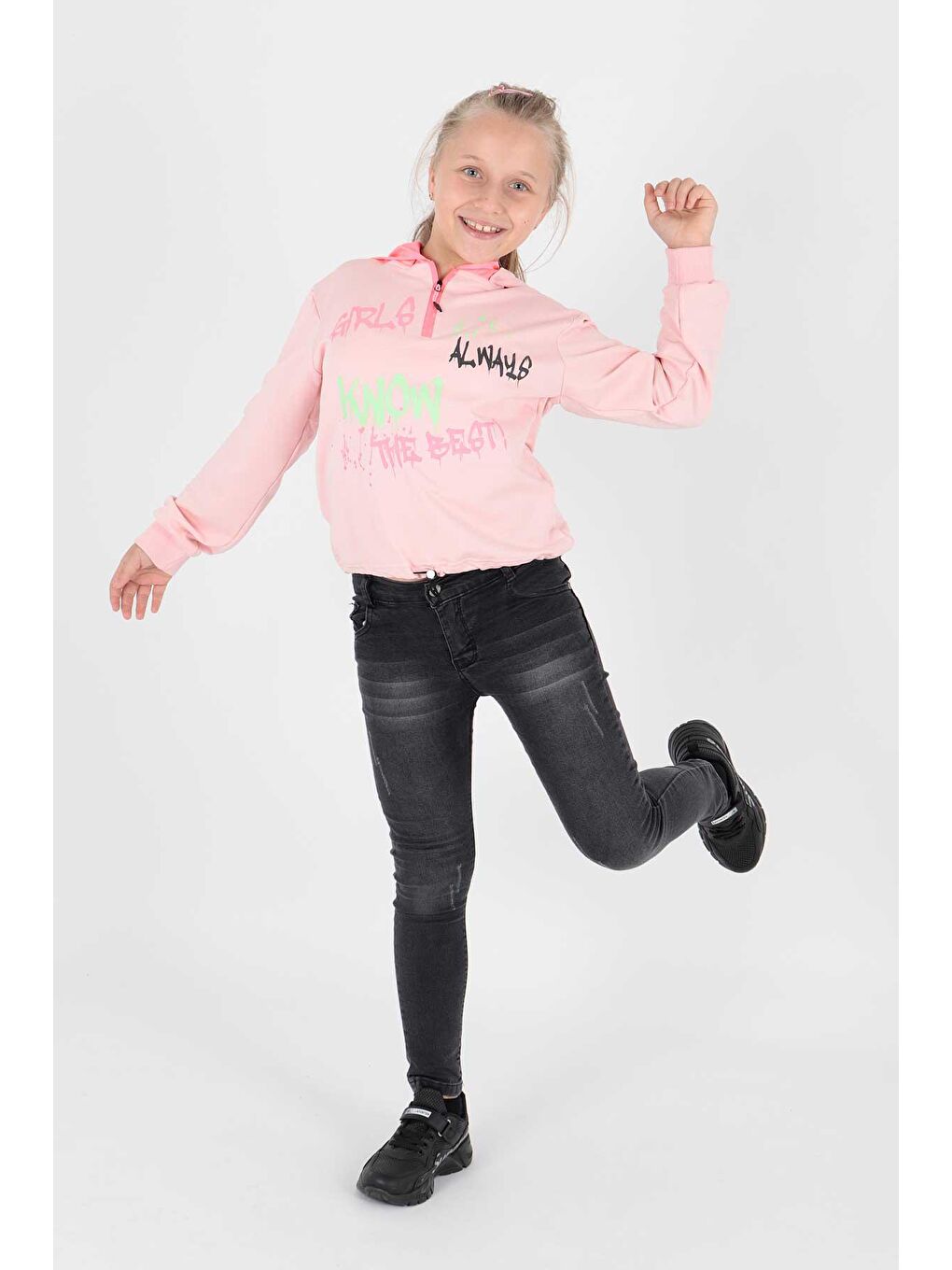 Pembe Kids Kız Always Baskılı Kapüşonlu Sweat Uzun Kollu Kapüşonlu Sweatshirt Pamuklu Ak722407-1