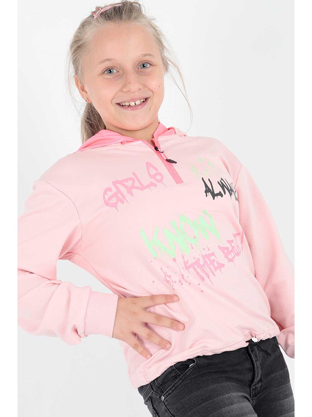 Pembe Kids Kız Always Baskılı Kapüşonlu Sweat Uzun Kollu Kapüşonlu Sweatshirt Pamuklu Ak722407