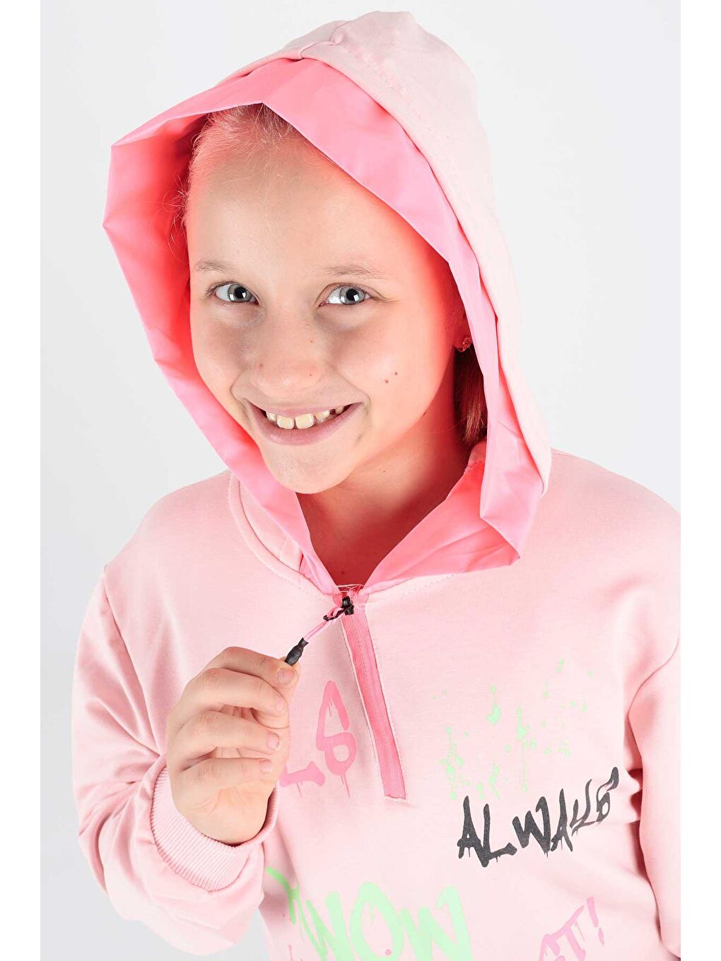Pembe Kids Kız Always Baskılı Kapüşonlu Sweat Uzun Kollu Kapüşonlu Sweatshirt Pamuklu Ak722407-2