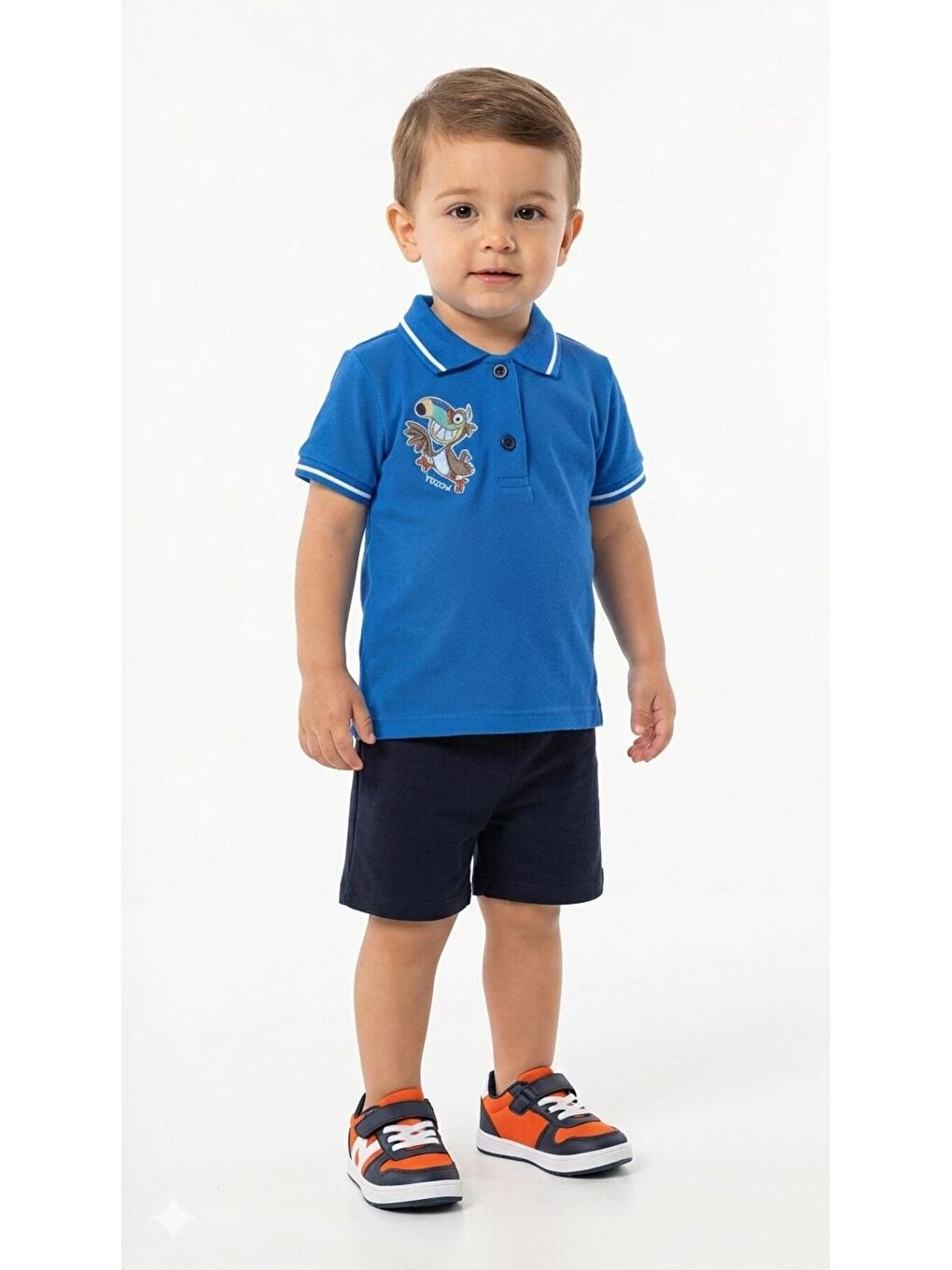 Lacivert Erkek Bebek Polo Yaka Tarz Baskılı Şortlu Takım Yazlık 2’li Takım