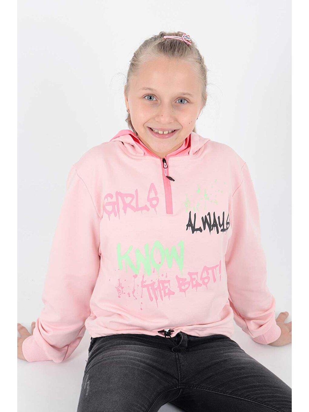 Pembe Kids Kız Always Baskılı Kapüşonlu Sweat Uzun Kollu Kapüşonlu Sweatshirt Pamuklu Ak722407-3