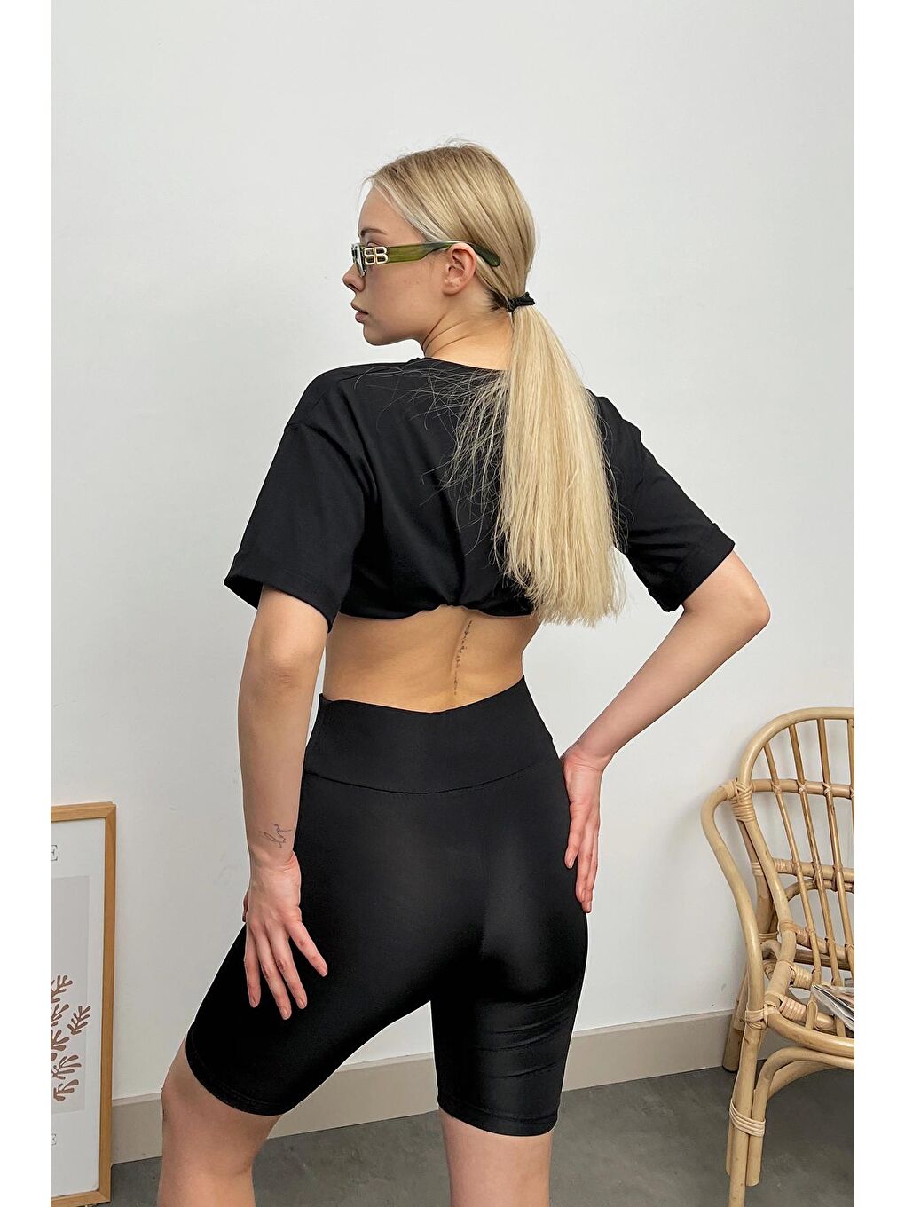 Siyah Toparlayıcı Etkili Yüksek Bel Biker Tayt-4