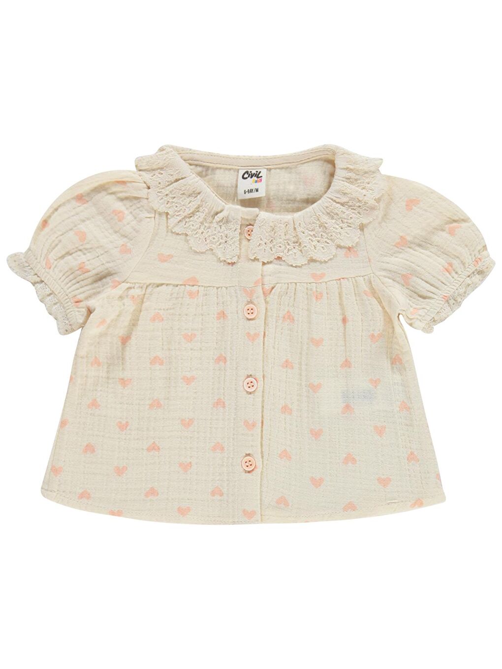 Ekru Baby Yaka Dantelli Kalp Baskılı 6-18 Ay Takım - Bej-1