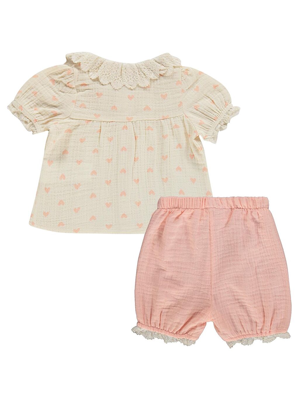 Ekru Baby Yaka Dantelli Kalp Baskılı 6-18 Ay Takım - Bej-2