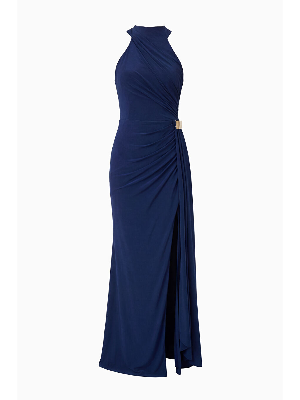Kadın Lacivert Halter Yaka Aksesuar Detay Uzun Abiye Elbise-6