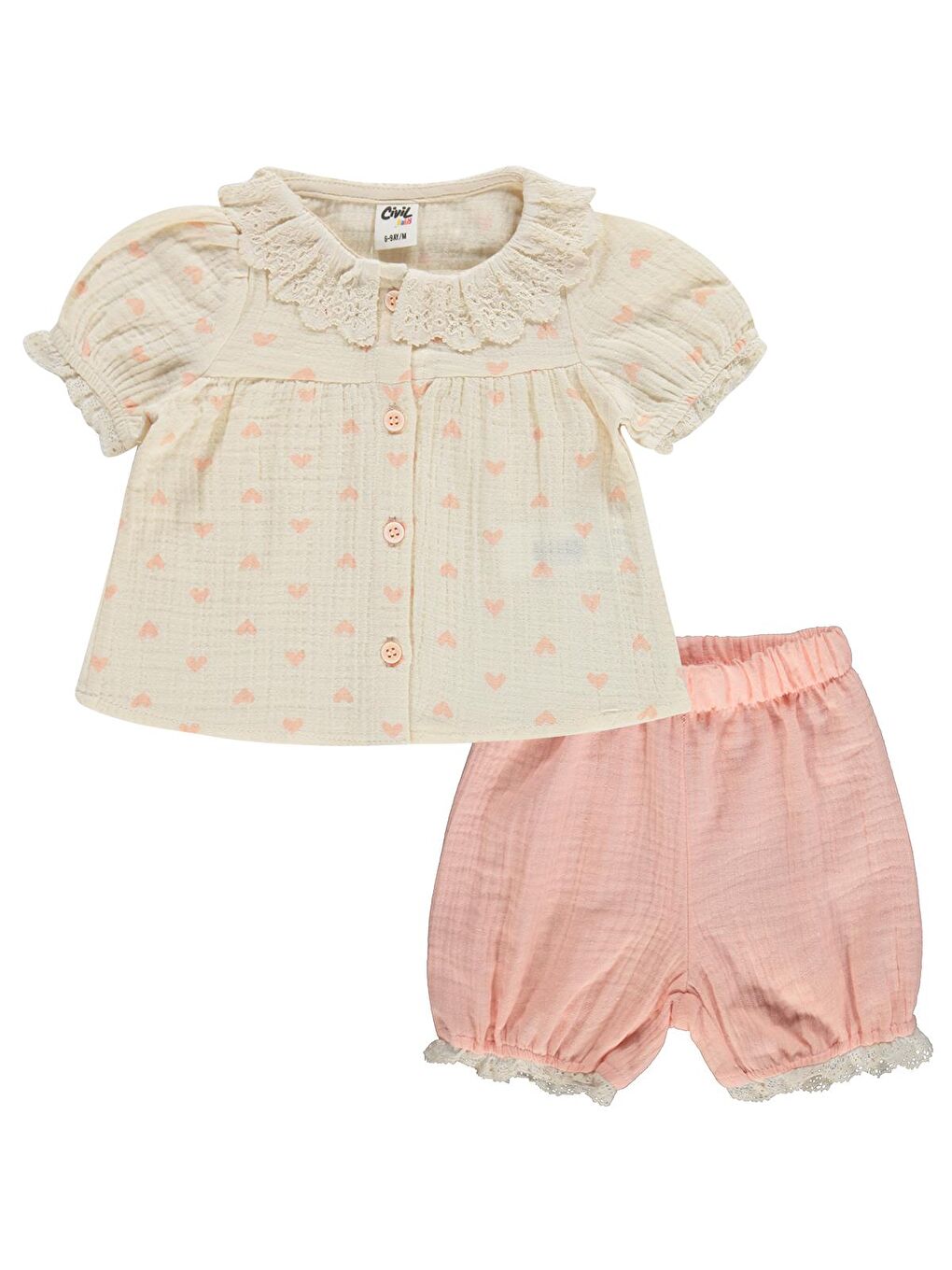 Ekru Baby Yaka Dantelli Kalp Baskılı 6-18 Ay Takım - Bej-3