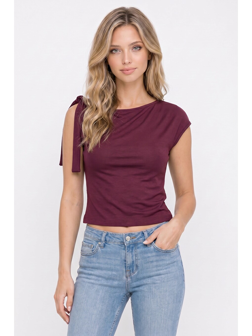 Kadın Slim Fit Dar Kesim Kısa Kollu Kayık Yaka Bordo Bluz