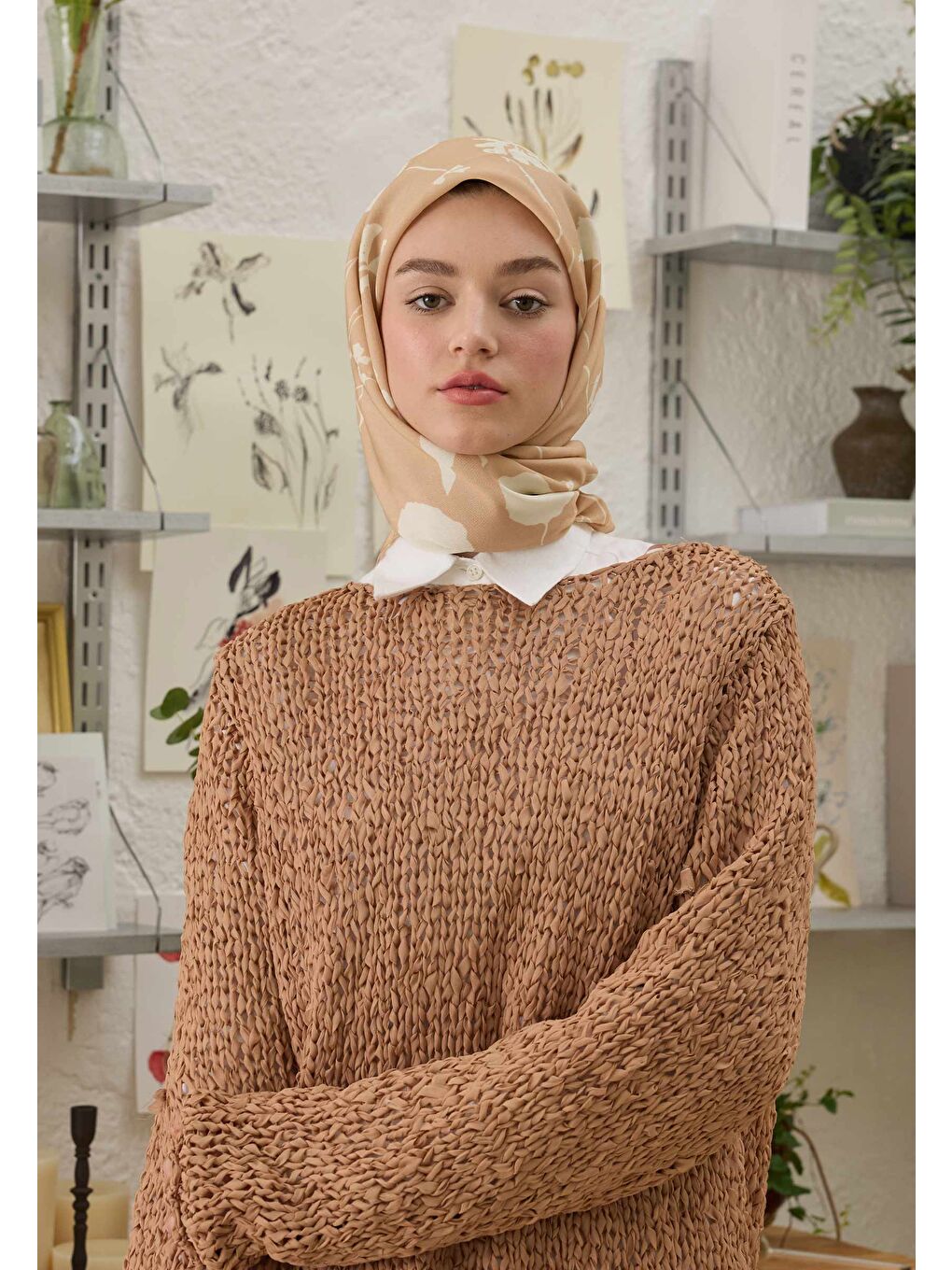 Pembe Perla Desen Pamuk İpek Eşarp Pudra-1