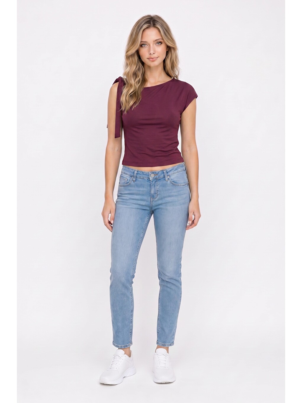 Kadın Slim Fit Dar Kesim Kısa Kollu Kayık Yaka Bordo Bluz-1