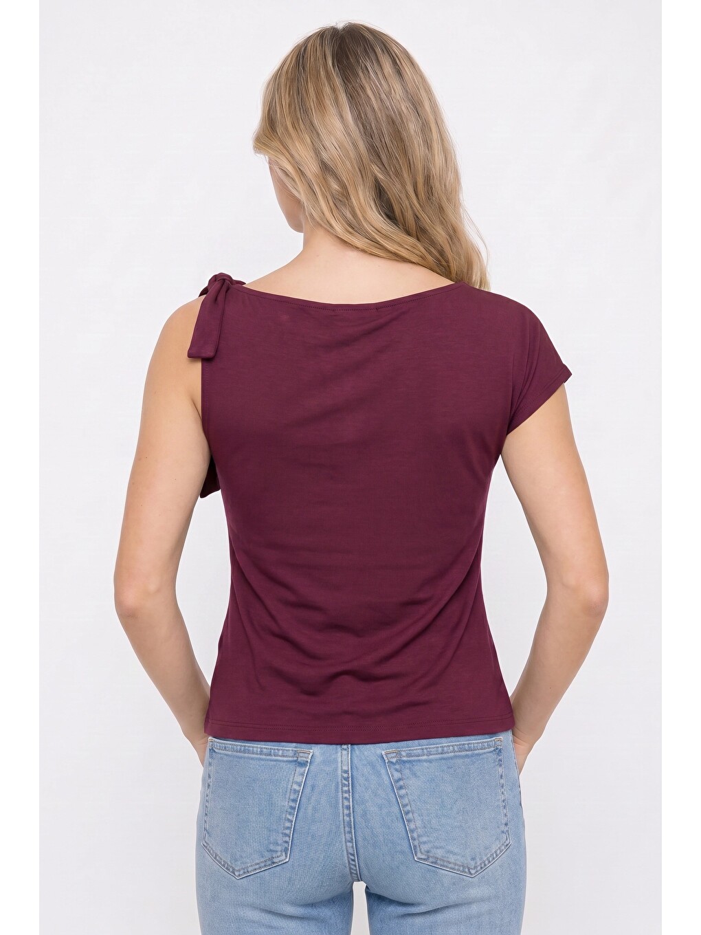 Kadın Slim Fit Dar Kesim Kısa Kollu Kayık Yaka Bordo Bluz-5