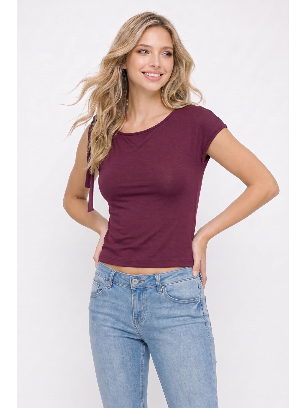 Kadın Slim Fit Dar Kesim Kısa Kollu Kayık Yaka Bordo Bluz-6