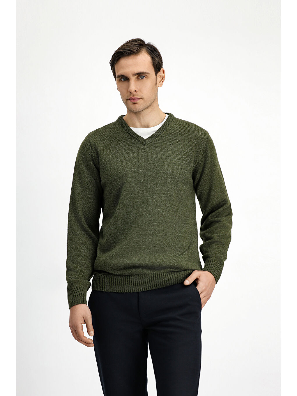 Haki V Yaka Regular Fit Triko Büyük Beden Kazak