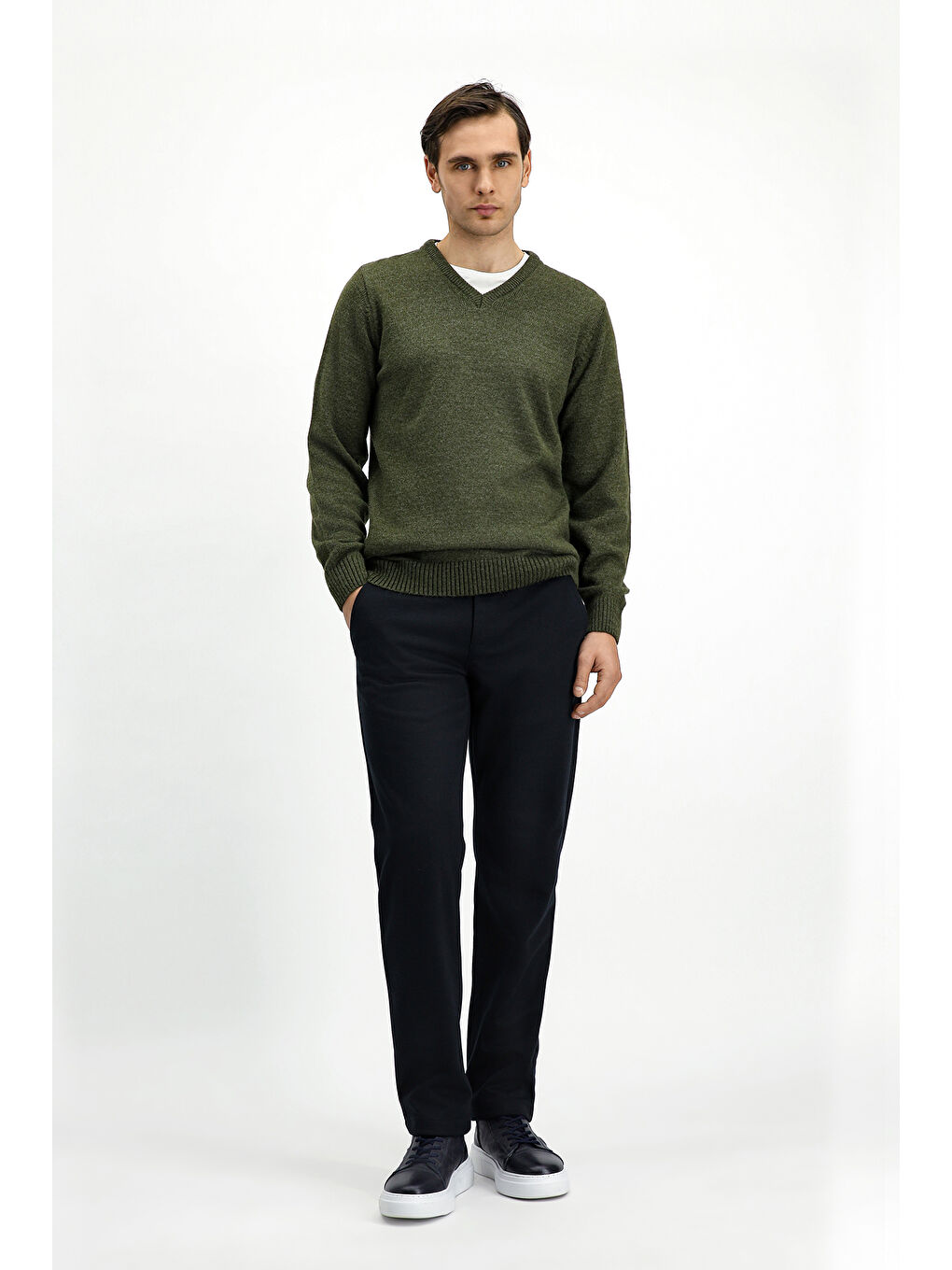 Haki V Yaka Regular Fit Triko Büyük Beden Kazak-1