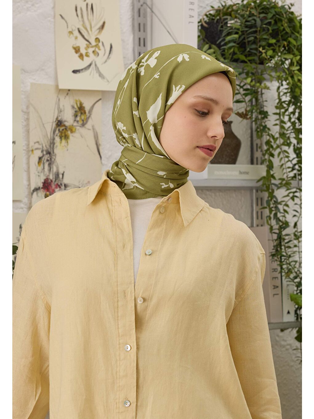 Perla Desen Pamuk İpek Eşarp Yeşil-1