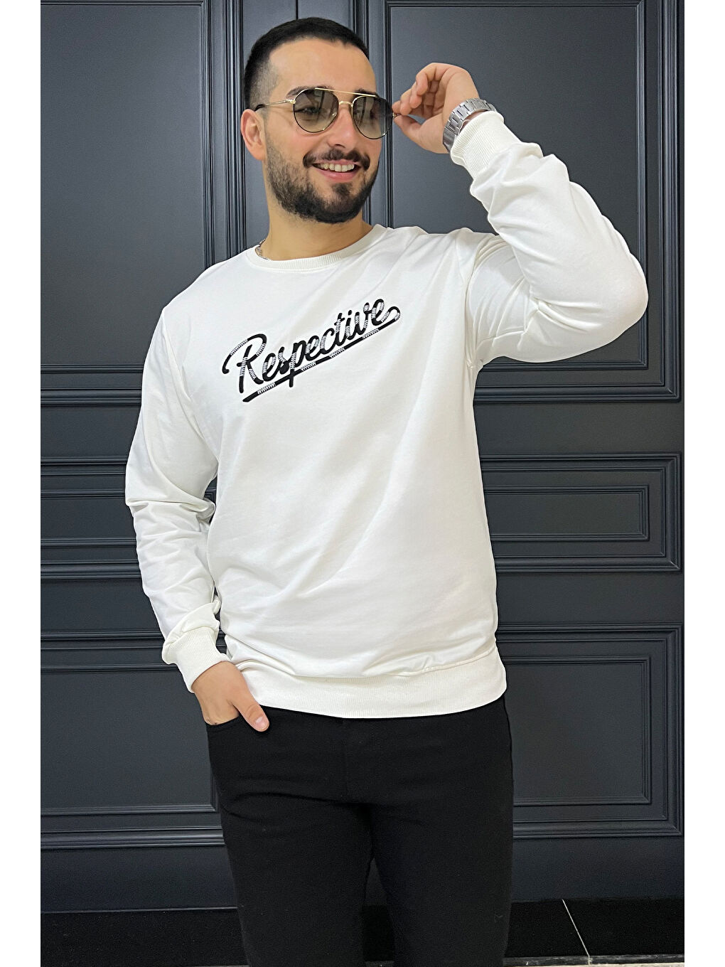 Mishar İtalia Beyaz Erkek Bisiklet Yaka Ön Nakışlı Sweatshirt - 1