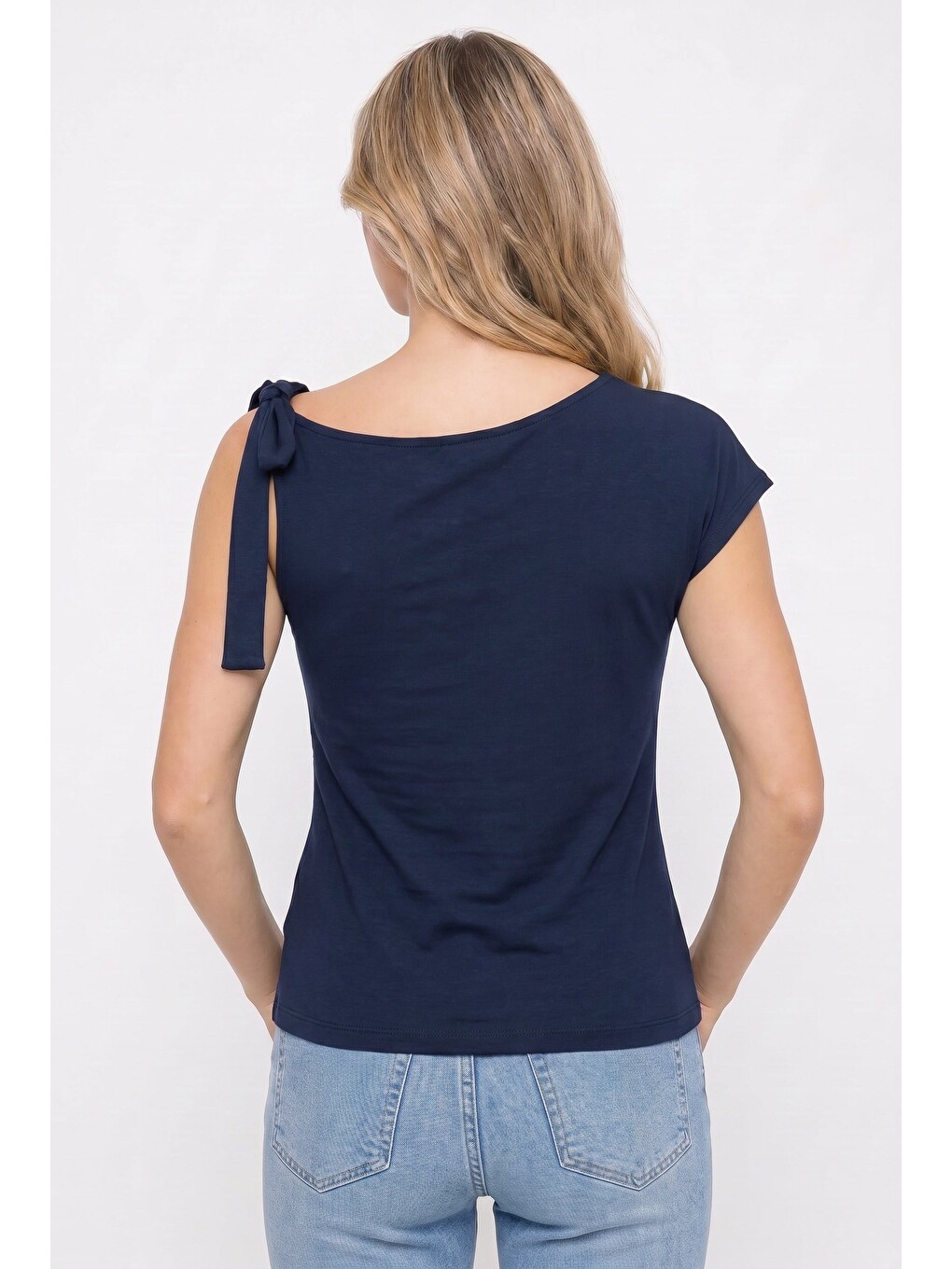 Kadın Slim Fit Dar Kesim Kısa Kollu Kayık Yaka Lacivert Bluz-5