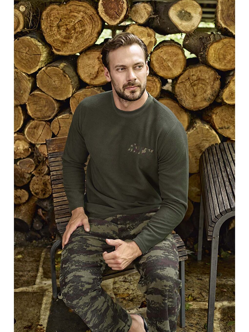 Erkek Polar Kamuflaj Desen Uzun Kol Pijama Takımı 13006 Haki02