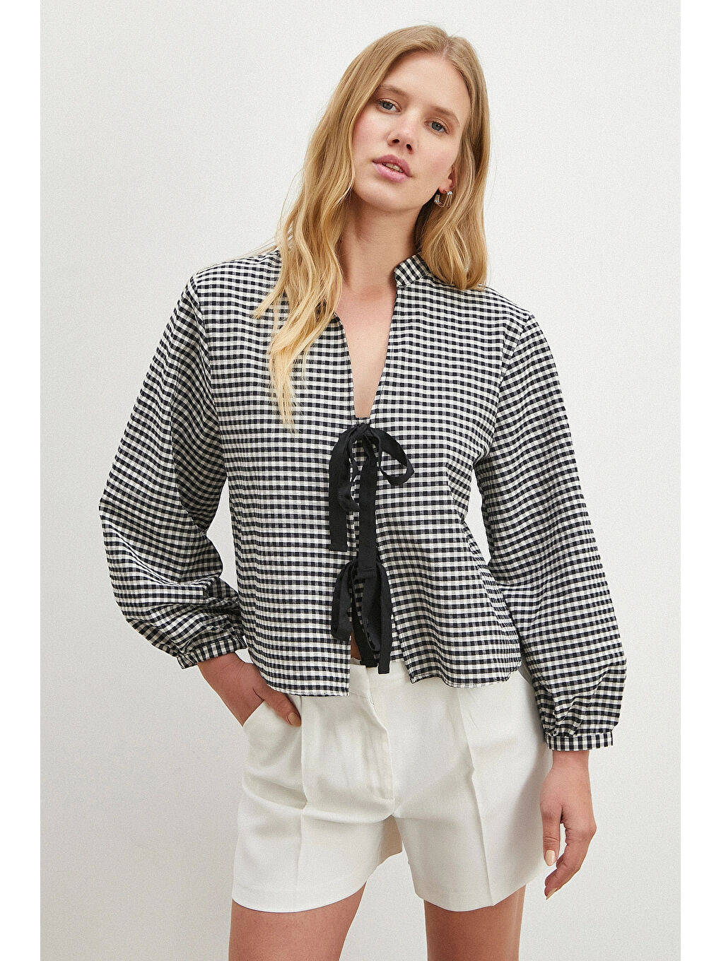 Beli Kuşaklı Pamuk Bluz Siyah